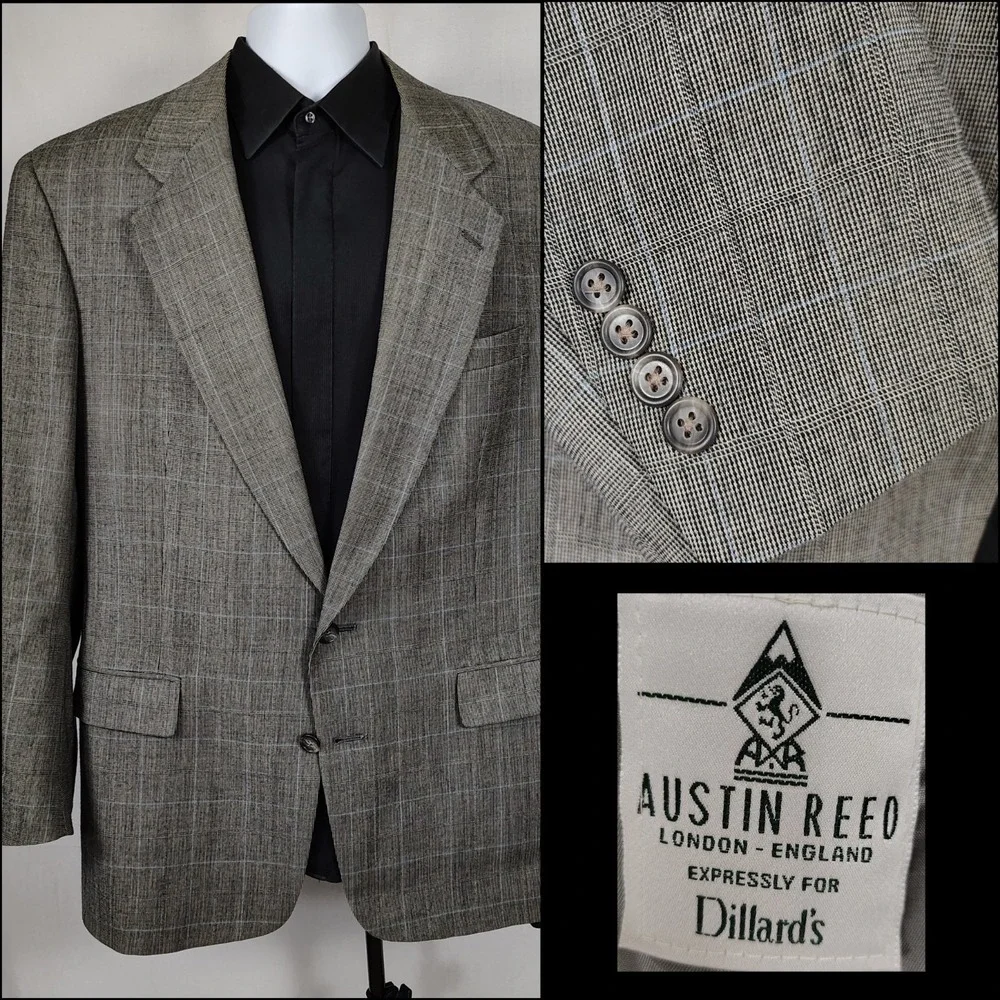 Austin Reed Gray Windowpane Plaid Sport Coat Blazer‎ 44R Worsted Wool Neutral